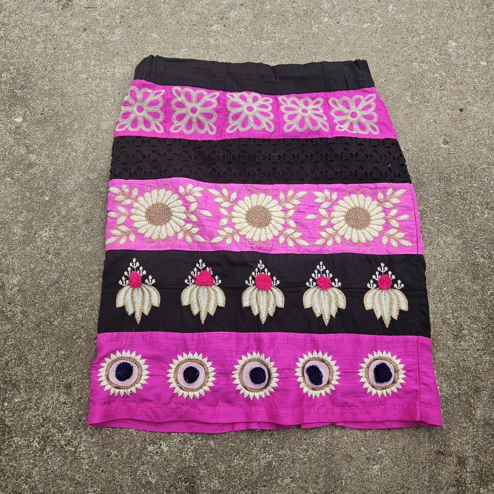Leifsdottir Womens Size 4‎ Skirt Embroidered Pink Black Boho Festival Silk Blend